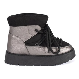 Fekete-ezüst fűzős női hócsizma vastag talppal