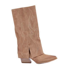 Velúr lábszárközépig érő csizma felcsavart sarokkal, bézs Zazoo 3487