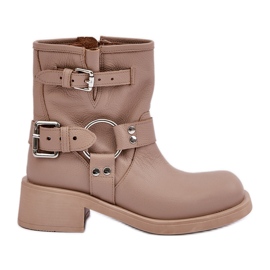 Bőr női csizma alacsony sarkú blokkon pántokkal Zazoo 3644 bézs