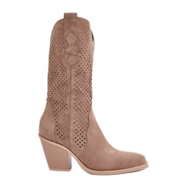 Áttört cowboy csizma magas sarkon, sötét bézs