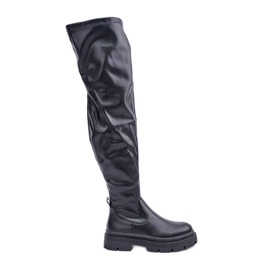 Térdig érő csizma lapos sarkú, fekete