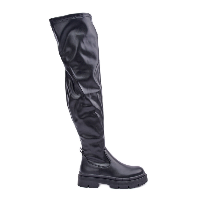 Térdig érő csizma lapos sarkú, fekete