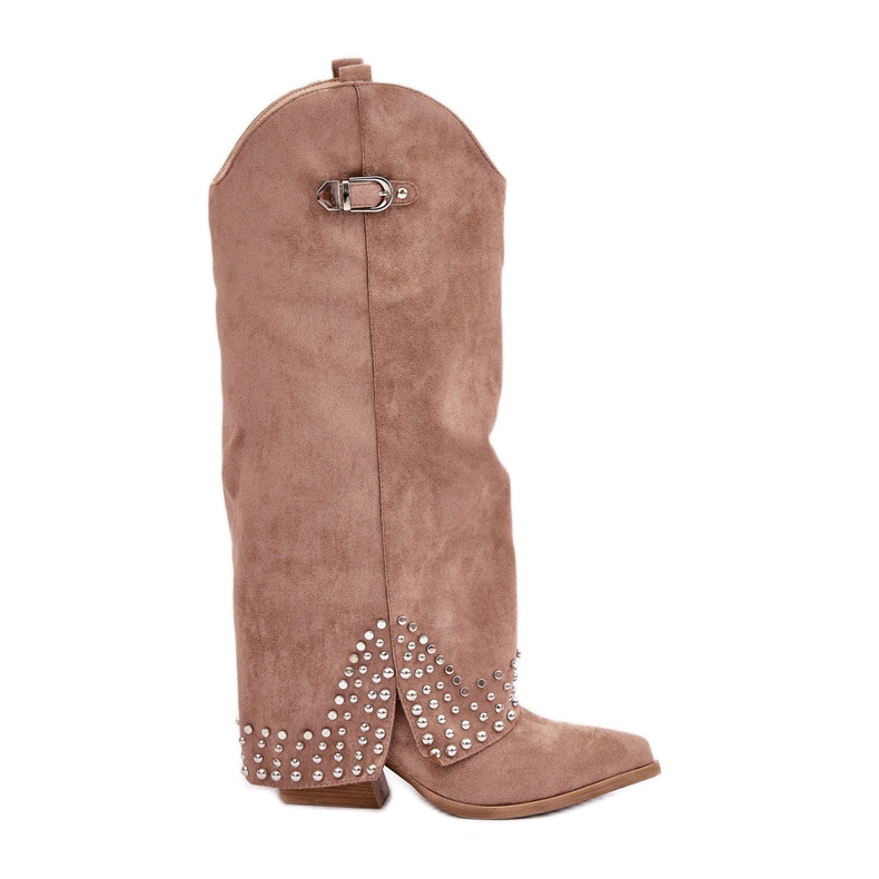 Sötétbézs színű csizma felhajtott felsőrésszel, magas sarkon