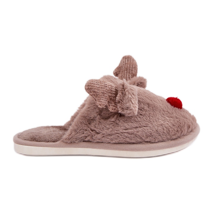 Női szőrme papucs rénszarvas mintával, sötétbézs