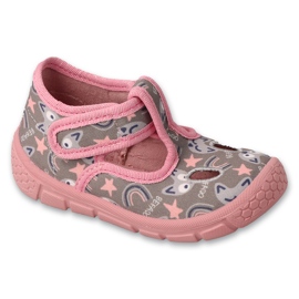 Befado rózsaszín és szürke gyerekpapucs tépőzárral 630P017 állati motívumokkal