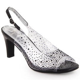 Női átlátszó magas sarkú szandál cirkóniákkal, fekete Potocki WS43317 Női átlátszó magas sarkú szandál cirkóniákkal, fekete Potocki WS43317