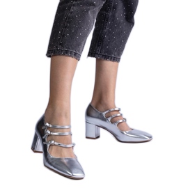 Ezüst szivattyúk egy oszlopon, dekoratív fémes csatokkal