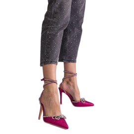 Rózsaszín csillogó magas sarkú cipő íj és cirkonok