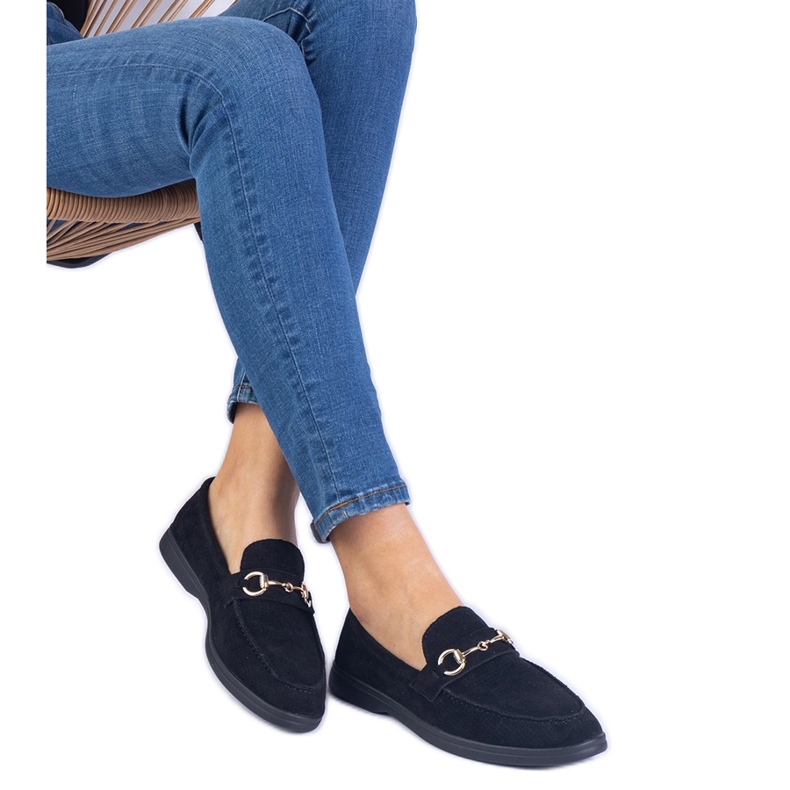 Fekete nyitott ikozamzamowe loaferek arany dekorációval