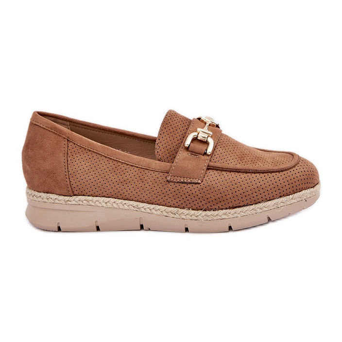 Nyílt munkás cipők arany részletekkel és jute barna zsinórral