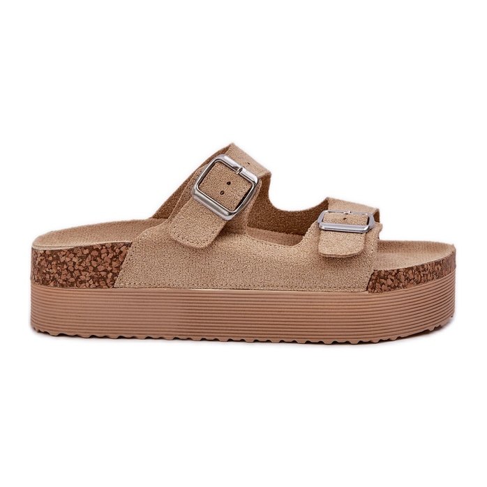 Női papucs egy hatalmas platformon, bézs csatokkal