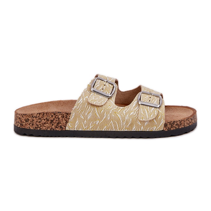 Anyag papucs lepattanó egy parafa talpon, sárga csatokkal Anyag papucs lepattanó egy parafa talpon, sárga csatokkal