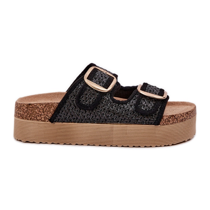 Papucs zsinórral és csatokkal a masszív platformon fekete