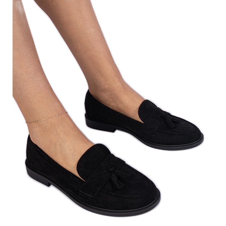 Fekete női cipők ekozamsz rojtokkal