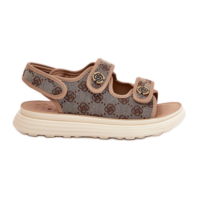 Női mintás anyagú szandál arany részletekkel khaki bézs