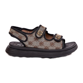 Női mintás anyagú szandál arany részletekkel bézs-fekete