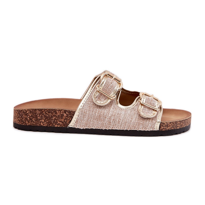 Női anyag papucs egy parafa platformon, arany csatokkal aranysárga