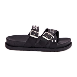 Női papucsok, amelyek csapokkal és csatokkal feketék fekete Női papucsok, amelyek csapokkal és csatokkal feketék fekete
