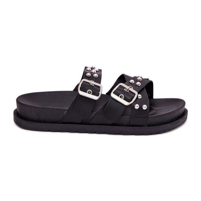Női papucsok, amelyek csapokkal és csatokkal feketék fekete
