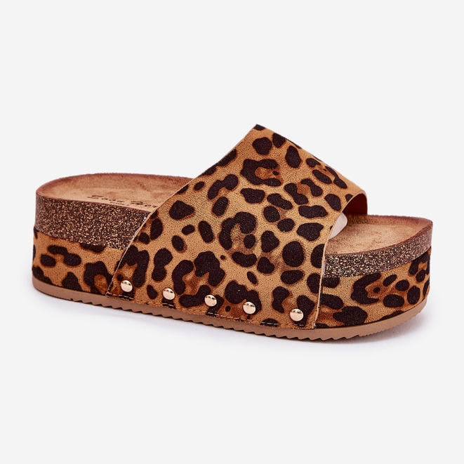 Női papucs flopok egy hatalmas platformon Eco Suede Leopard Print Brown barna