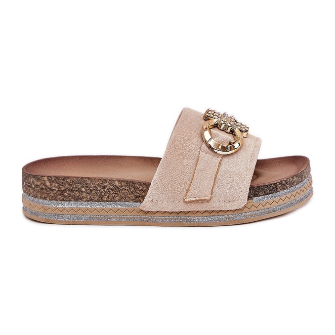 Boto A női papucs a platformon csillogással és arany dekorációs bézssel