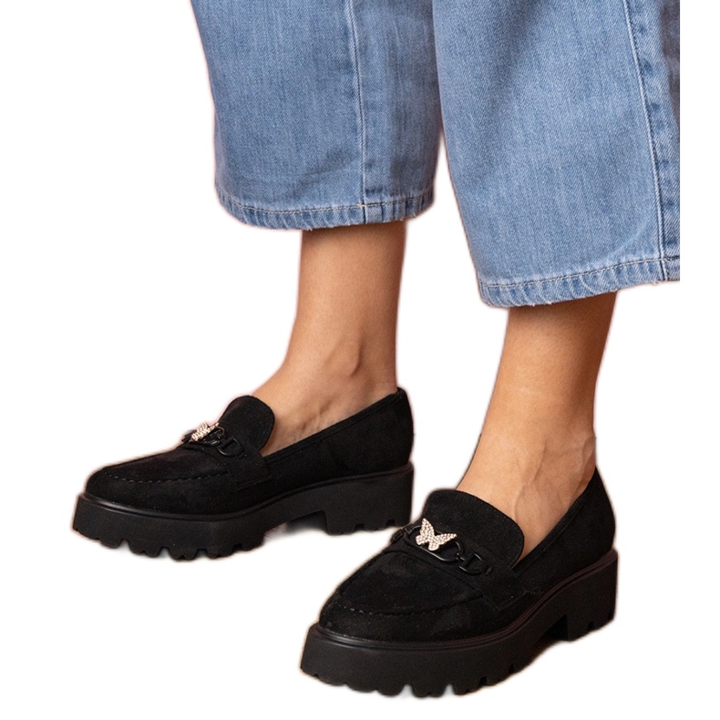 Fekete női cipők cirkon pillangóval