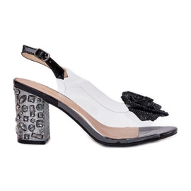 S.Barski Átlátszó szandál az oszlopon kristályokkal és dekorációval MR51-702 fekete