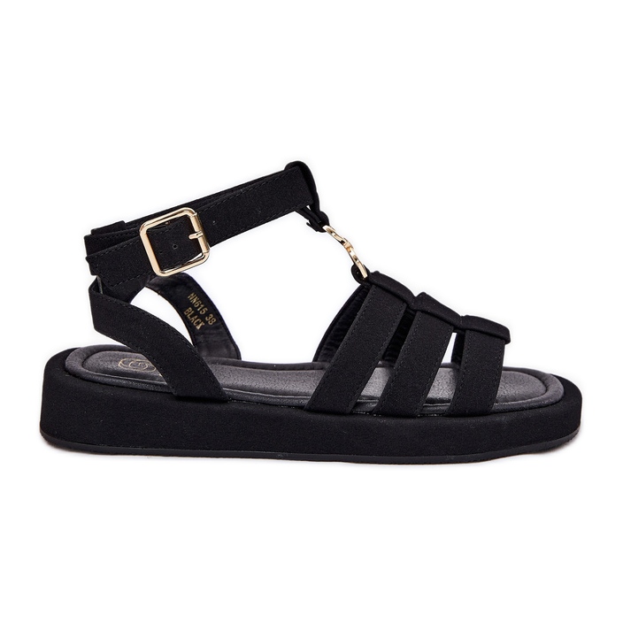 Női szandál a platformon, arany részletekkel fekete