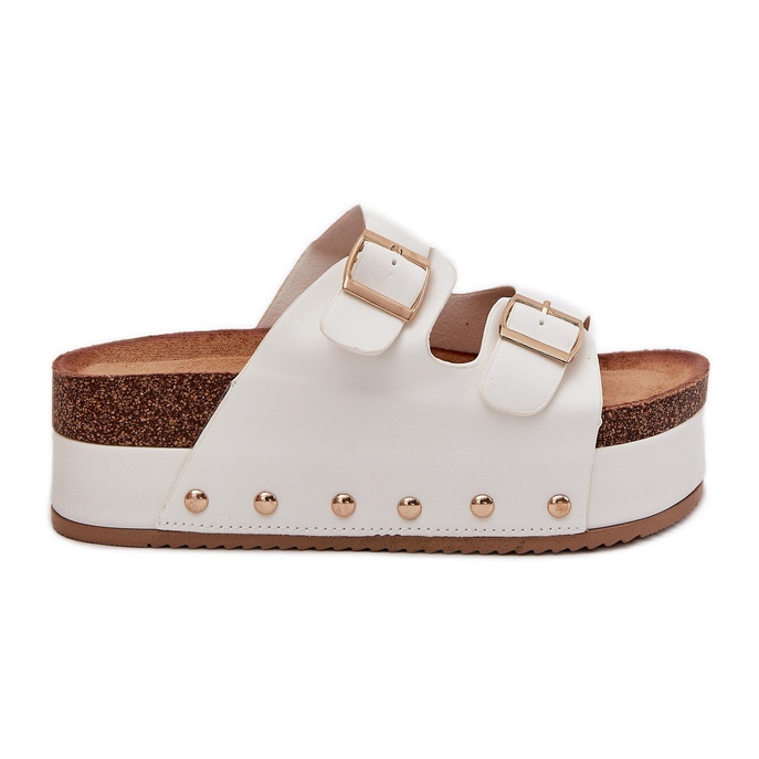 Női papucs flopok csatokkal egy hatalmas platformon fehér Női papucs flopok csatokkal egy hatalmas platformon fehér