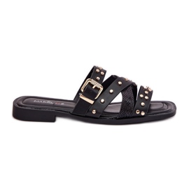 Díszített női, lapos nőstény papucs csíkokkal és fekete bilincsekkel