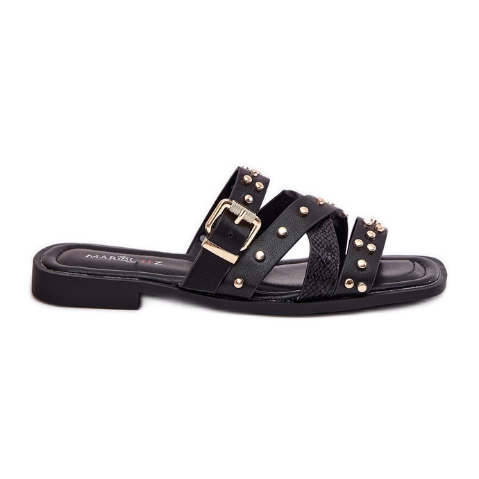 Díszített női, lapos nőstény papucs csíkokkal és fekete bilincsekkel