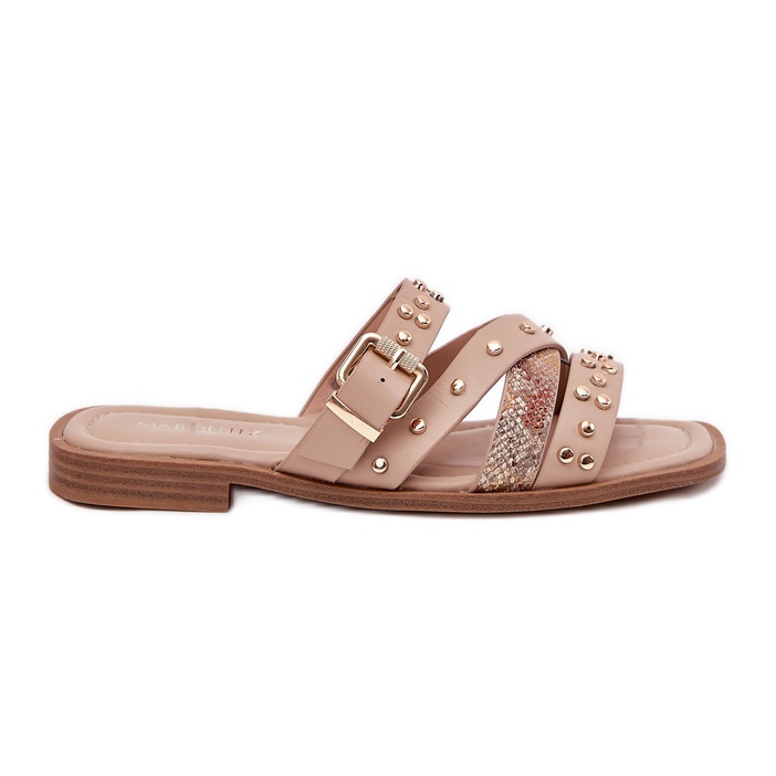 Díszített női, lapos nőstény papucs csíkokkal és bézs bilincsekkel