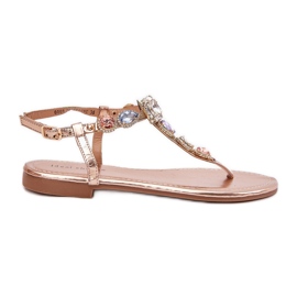 Lapos, rágcsált női szandál kristályokkal rózsaszín arany aranysárga