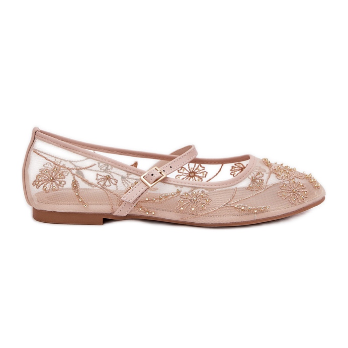 Mesh balerinák hímzéssel és bézs dekorációval Mesh balerinák hímzéssel és bézs dekorációval