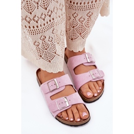 Női papucs lepattan a parafa platformon levendula csatok lila