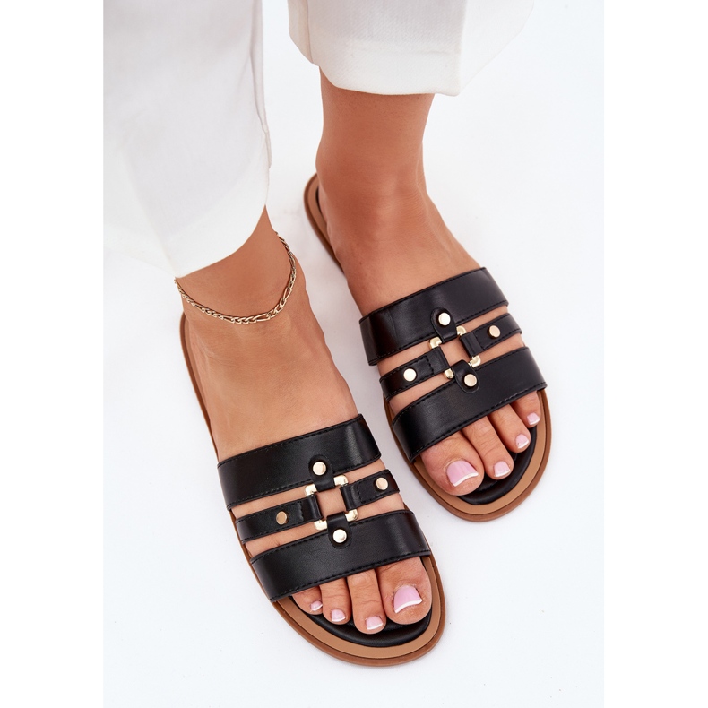 Lapos női papucs arany részletekkel fekete Lapos női papucs arany részletekkel fekete