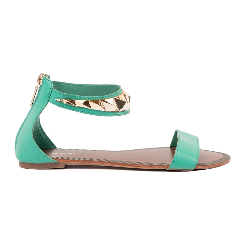 Zöld szandál boka övvel, arany dekorációval