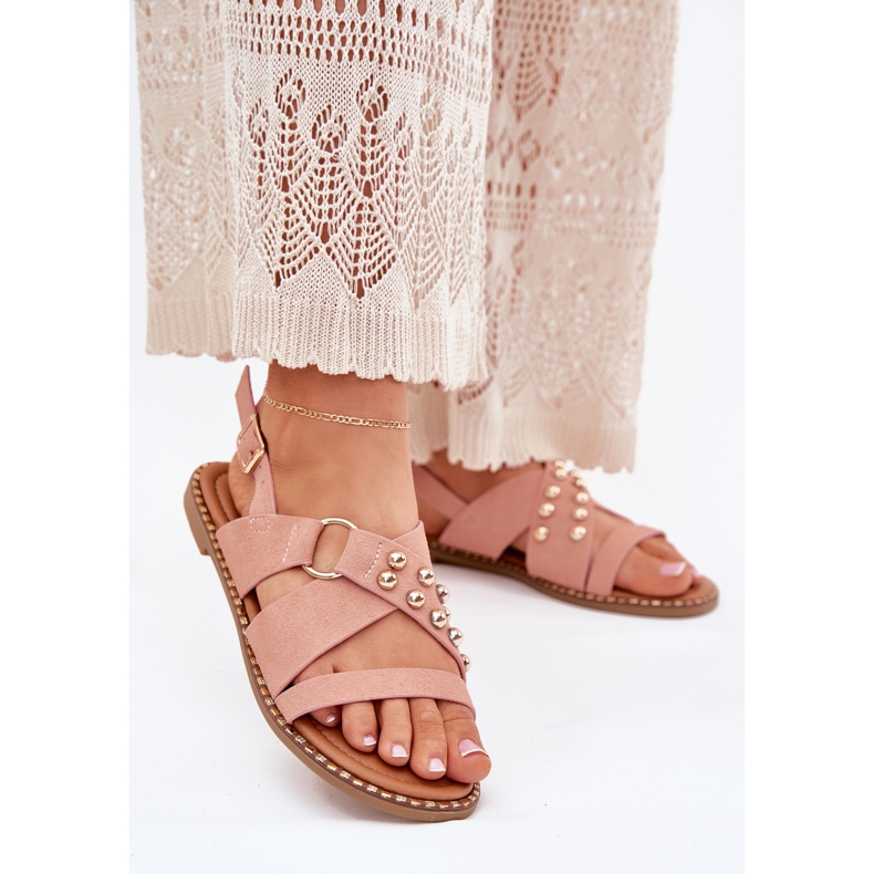 Lapos, rágcsált női szandál, aranycsukkal rózsaszínű