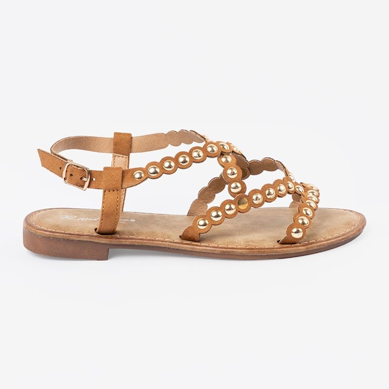 Karamell lapos szandál csapokkal bézs