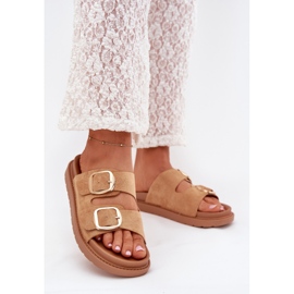 Boto A női papucs flopok a platformon Camel Veren arany csatokkal barna