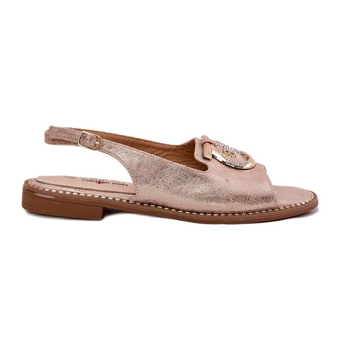 Elegáns női szandál lapos sarkú dekorációval S.Barski KV51-003 PINK GOLD aranysárga