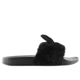 Fekete fekete papucs szőrmével és fülekkel Fekete fekete papucs szőrmével és fülekkel