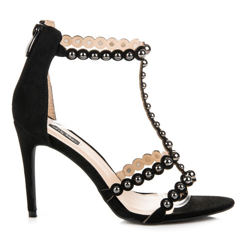 Strasszokkal díszített magassarkú szandál fekete