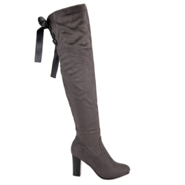 Forever Folie Elegáns magas sarkú combig érő csizma szürke Forever Folie Elegáns magas sarkú combig érő csizma szürke