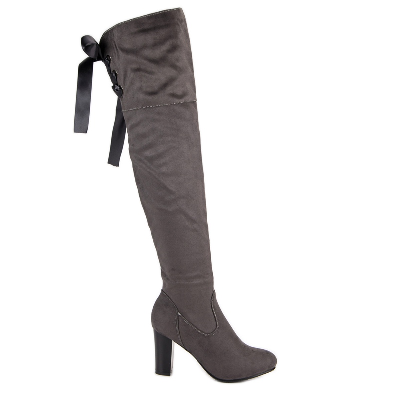 Forever Folie Elegáns magas sarkú combig érő csizma szürke