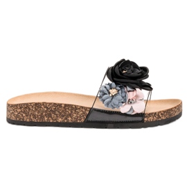 Super Me Papucs virágokkal fekete sokszínű Super Me Papucs virágokkal fekete sokszínű