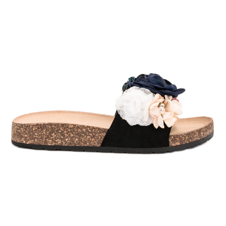 SHELOVET Velúr papucs virágokkal fekete