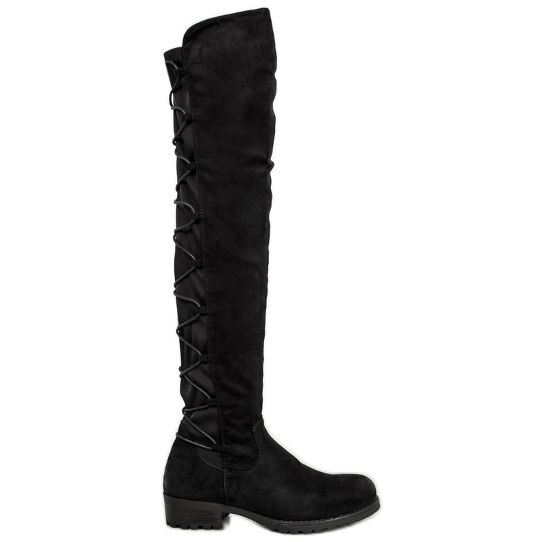 Forever Folie Velúr combig érő csizma kötéssel fekete