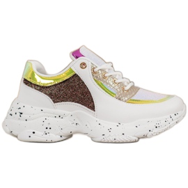 SHELOVET Cipők flitterekkel a platformon fehér sárga SHELOVET Cipők flitterekkel a platformon fehér sárga