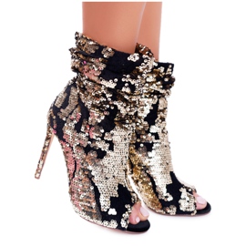 LU BOO Női csizma magas sarkú elegáns flitterekkel Golden Harley fekete sárga